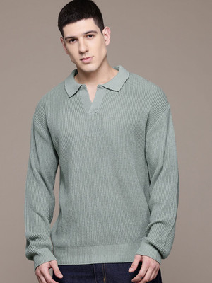 Roadster Self Design V Neck Casual Men Green Sweater