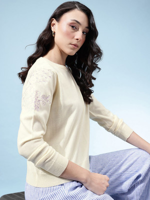 Glitchez Floral Print Round Neck Casual Women Beige Sweater