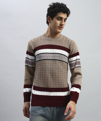 TWOCRAZIIE Striped Round Neck Casual Men Brown Sweater