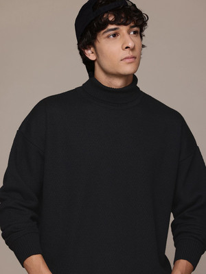 Roadster Solid High Neck Casual Men Black Sweater