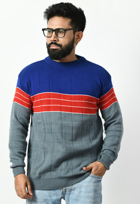 WoolCraft Striped Round Neck Casual Men Blue, Grey Sweater