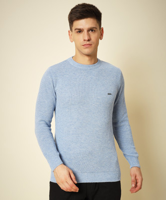 HELL BOUND Solid Round Neck Casual Men Light Blue Sweater