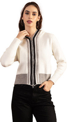 GFO Printed Hooded Neck Casual Women White Sweater