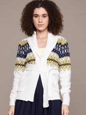 Roadster Self Design V Neck Casual Women White Sweater