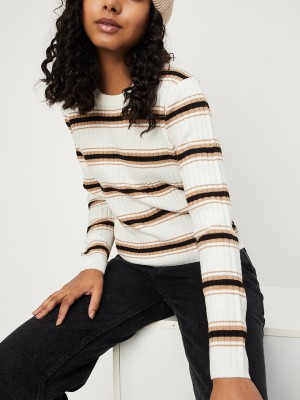 MAX Solid Round Neck Casual Women Beige Sweater