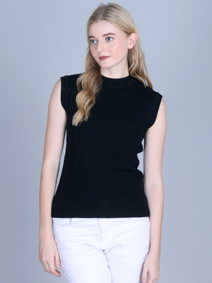 7 ISLANDS Self Design Round Neck Casual Women Black Sweater