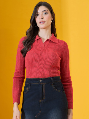 98 Degree North Self Design Collared Neck Casual Women Red Sweater