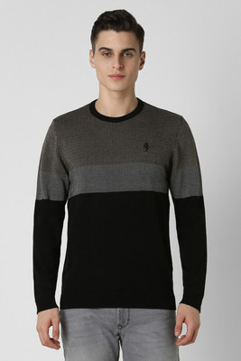 VAN HEUSEN Self Design Crew Neck Casual Men Black Sweater