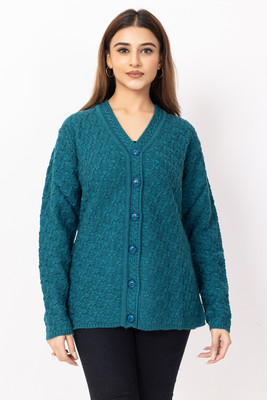 Dodge Self Design V Neck Casual Women Light Green Sweater