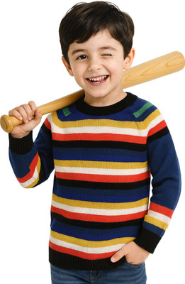 Yellow Apple Striped Round Neck Casual Boys Multicolor Sweater