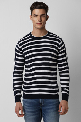 PETER ENGLAND Striped Round Neck Casual Men Black Sweater