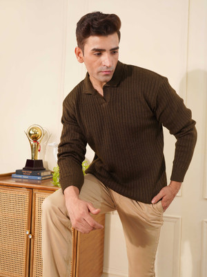 KVETOO Solid Collared Neck Casual Men Brown Sweater