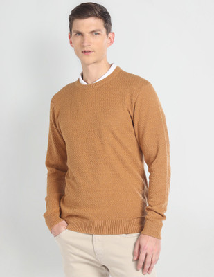 ARROW Solid Round Neck Casual Men Brown Sweater