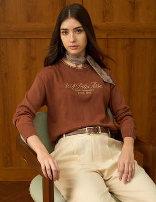 U.S. POLO ASSN. Printed Round Neck Casual Women Orange Sweater