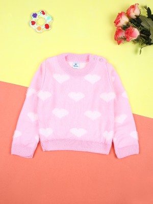 V-MART Printed Round Neck Casual Baby Girls Pink Sweater