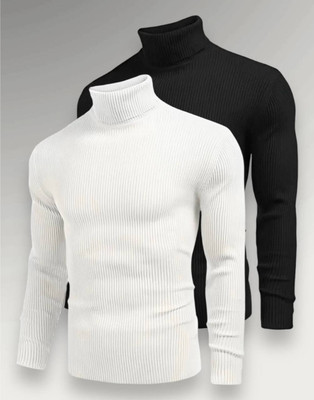 Jalapeno Solid High Neck Casual Men Black, White Sweater