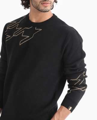 RARE RABBIT Embroidered Crew Neck Casual Men Black Sweater