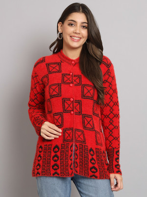 eWools Geometric Print Round Neck Casual Women Red Sweater