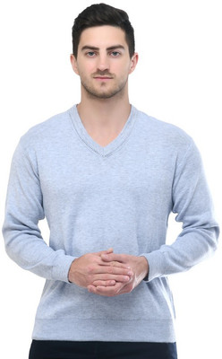 Life and style Solid V Neck Casual Men Blue Sweater