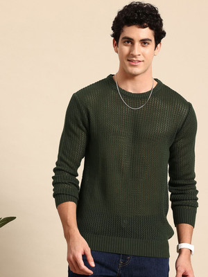 Mast & Harbour Self Design Round Neck Casual Men Green Sweater