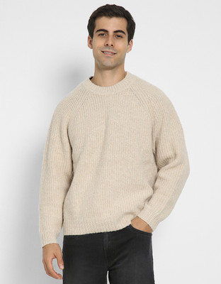 American Eagle Solid Crew Neck Casual Men Beige Sweater