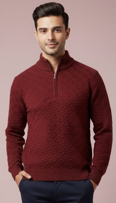 WoolCraft Self Design Turtle Neck Casual Men Black Sweater