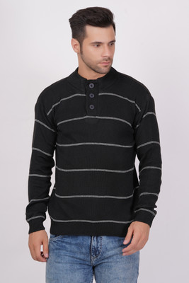 AXOLOTL Striped Round Neck Casual Men Black Sweater