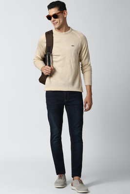 PETER ENGLAND Solid Round Neck Casual Men Beige Sweater