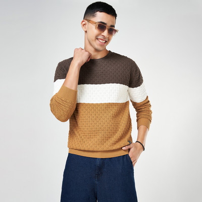 PEOPLE Solid Round Neck Casual Men Beige Sweater