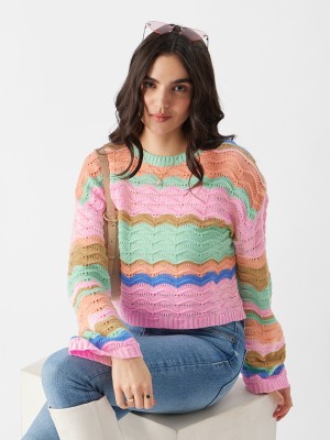 The Souled Store Colorblock Round Neck Casual Women Multicolor Sweater