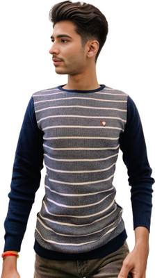 FORWARDS Striped Round Neck Casual Men Grey Sweater