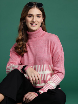 Dressberry Printed Turtle Neck Casual Women Pink Sweater