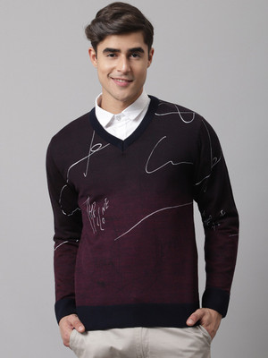 CANTABIL Self Design V Neck Casual Men Maroon Sweater
