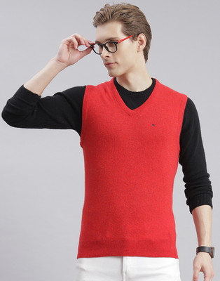 MONTE CARLO Solid V Neck Casual Men Red Sweater