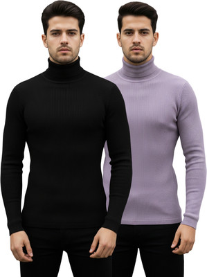 HEPAKA Solid High Neck Casual Men Black, Purple Sweater
