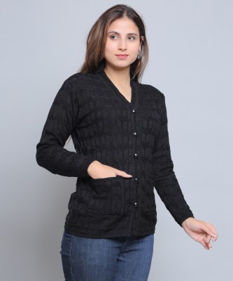 Thansmay kleider Self Design V Neck Casual Women Black Sweater