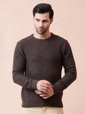 NOQUO Self Design Round Neck Casual Men Grey Sweater