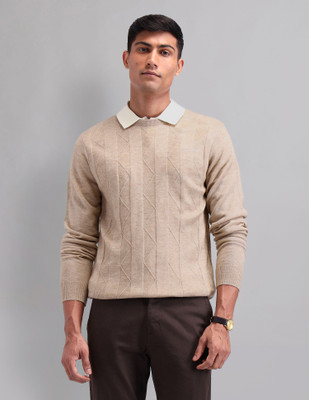 AD by Arvind Self Design Round Neck Casual Men Beige Sweater