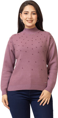 Lasoon Embellished High Neck Casual Women Purple Sweater
