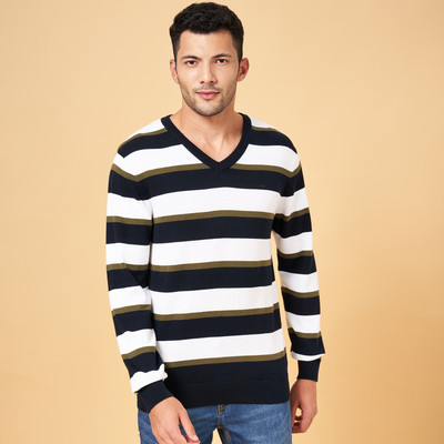 Byford by Pantaloons Striped, Colorblock V Neck Casual Men Green Sweater