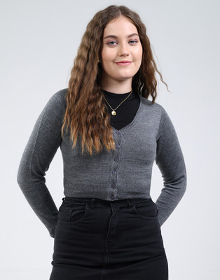 MONTE CARLO Solid V Neck Casual Women Grey Sweater