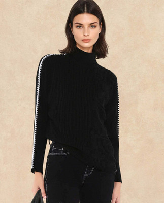 RAREISM Solid High Neck Casual Women Black Sweater