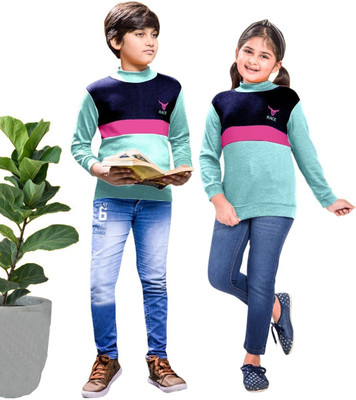 Little Funky Colorblock High Neck Casual Boys & Girls Blue Sweater