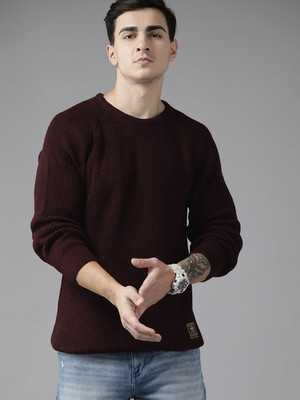 Roadster Self Design Round Neck Casual Men Maroon Sweater