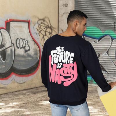 RIGO Printed Round Neck Casual Men Blue Sweater