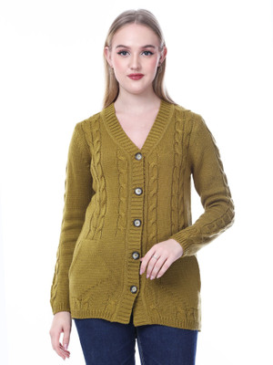 NOQUO Embellished V Neck Casual Women Green Sweater
