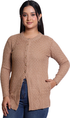 Varenyam Self Design Ruffle Neck Casual Women Beige Sweater