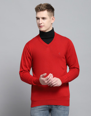 MONTE CARLO Solid V Neck Casual Men Red Sweater