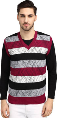 ANIXA Striped V Neck Casual Men Maroon Sweater