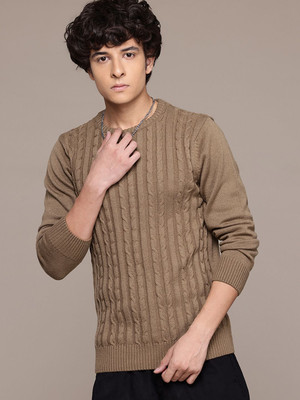 Roadster Self Design Round Neck Casual Men Brown Sweater